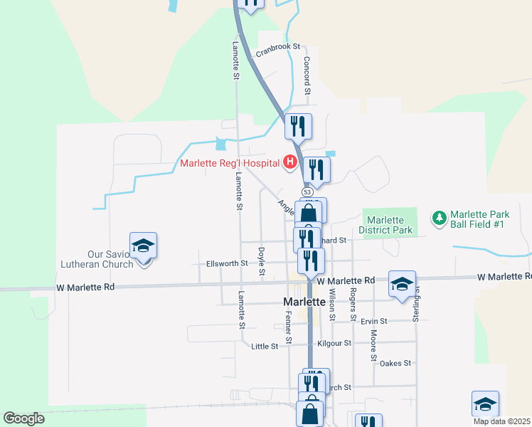 map of restaurants, bars, coffee shops, grocery stores, and more near 2854 Fenner Street in Marlette