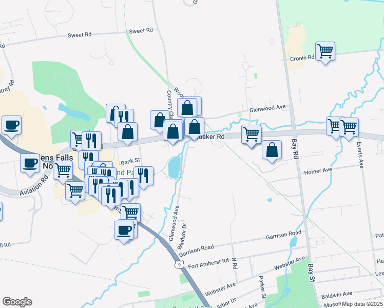 map of restaurants, bars, coffee shops, grocery stores, and more near 45 Glenwood Avenue in Queensbury