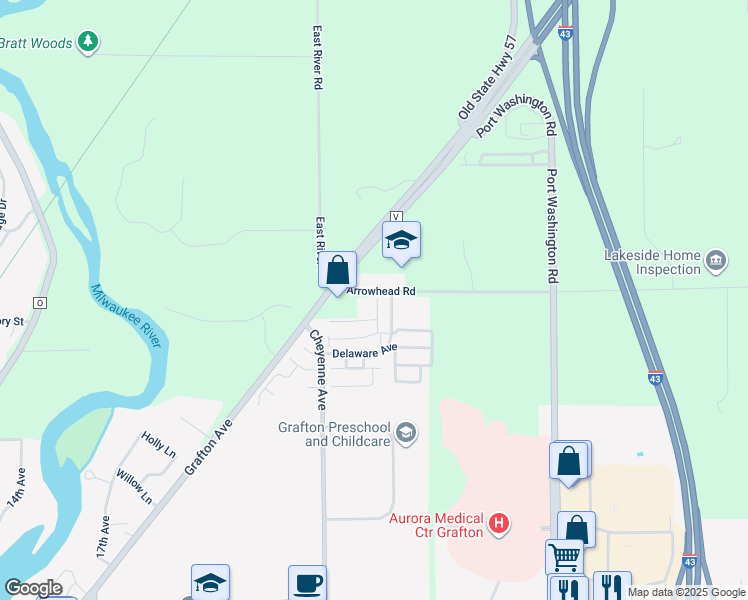 map of restaurants, bars, coffee shops, grocery stores, and more near 709 Delaware Avenue in Grafton