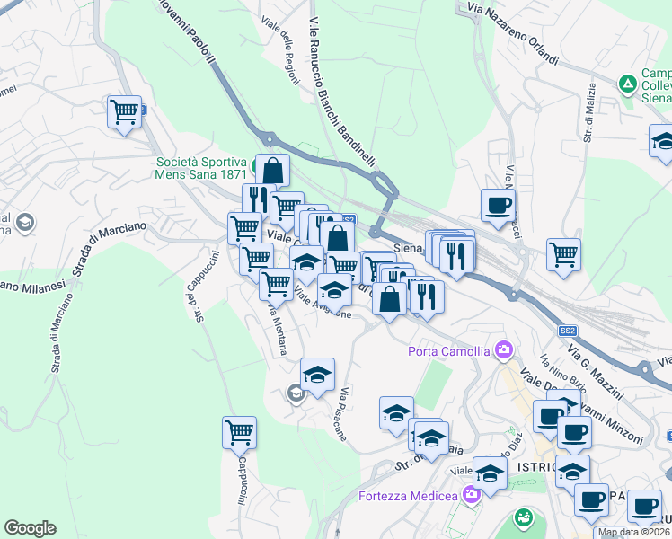 map of restaurants, bars, coffee shops, grocery stores, and more near 130 Viale Camillo Benso Cavour in Siena