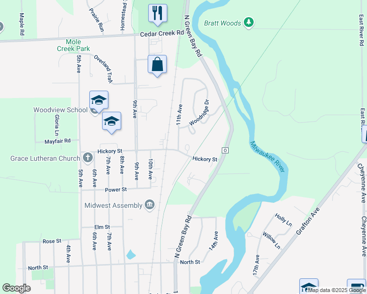 map of restaurants, bars, coffee shops, grocery stores, and more near 1201 Hickory Street in Grafton