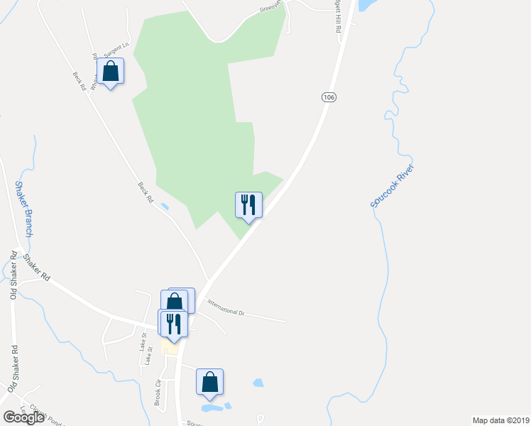 map of restaurants, bars, coffee shops, grocery stores, and more near Rocky Pond Road in Loudon