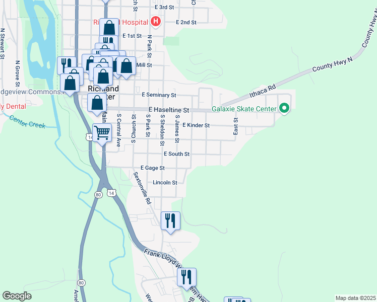 map of restaurants, bars, coffee shops, grocery stores, and more near 650 South Ira Street in Richland Center