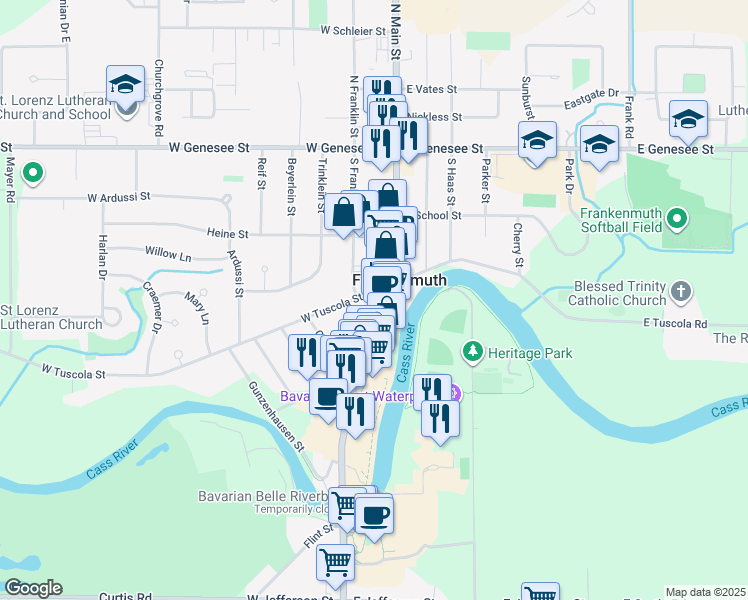 map of restaurants, bars, coffee shops, grocery stores, and more near 430 South Main Street in Frankenmuth