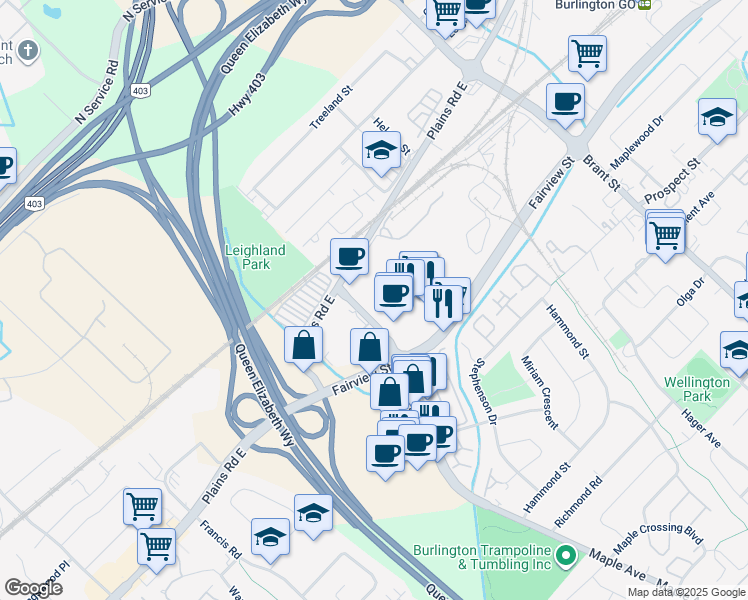 map of restaurants, bars, coffee shops, grocery stores, and more near 1225 Fairview Street in Burlington