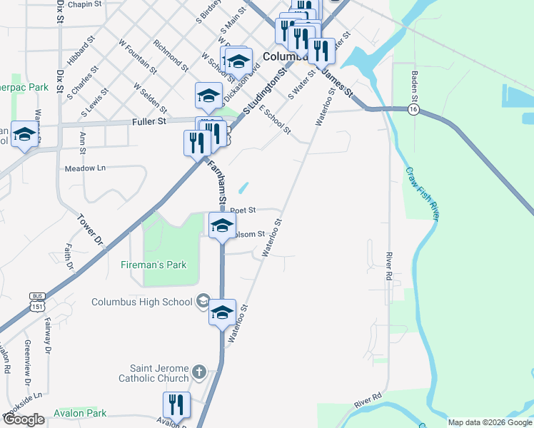 map of restaurants, bars, coffee shops, grocery stores, and more near 752 Waterloo Street in Columbus