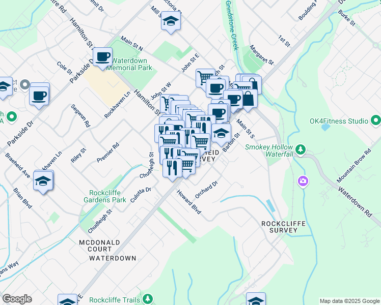 map of restaurants, bars, coffee shops, grocery stores, and more near in Waterdown