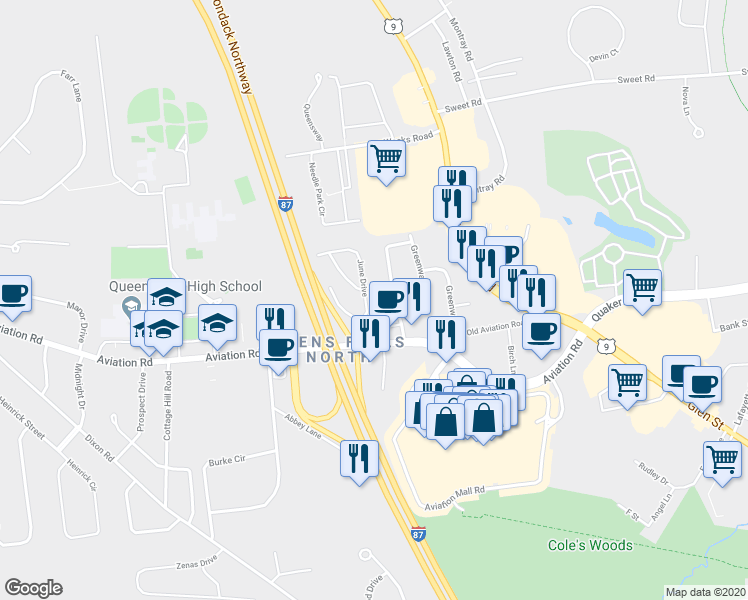 map of restaurants, bars, coffee shops, grocery stores, and more near 5 June Drive in Queensbury