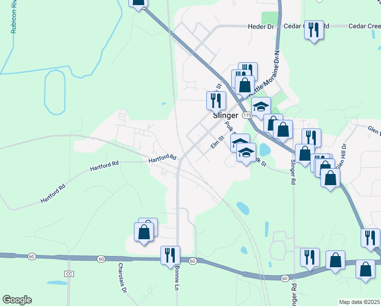 map of restaurants, bars, coffee shops, grocery stores, and more near 315 Kettle Moraine Drive South in Slinger