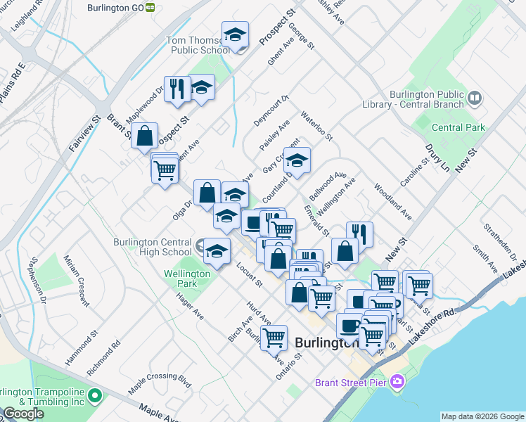 map of restaurants, bars, coffee shops, grocery stores, and more near 2054 Courtland Drive in Burlington