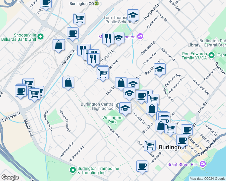 map of restaurants, bars, coffee shops, grocery stores, and more near 1456 Olga Drive in Burlington