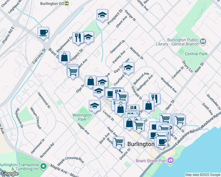 map of restaurants, bars, coffee shops, grocery stores, and more near 2052 Courtland Drive in Burlington