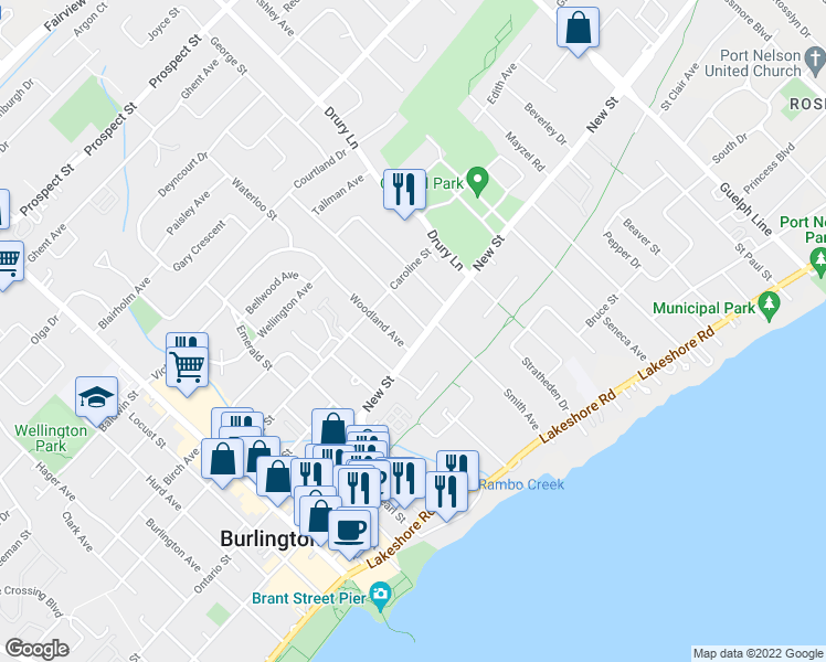 map of restaurants, bars, coffee shops, grocery stores, and more near 488 Lorne Street in Burlington