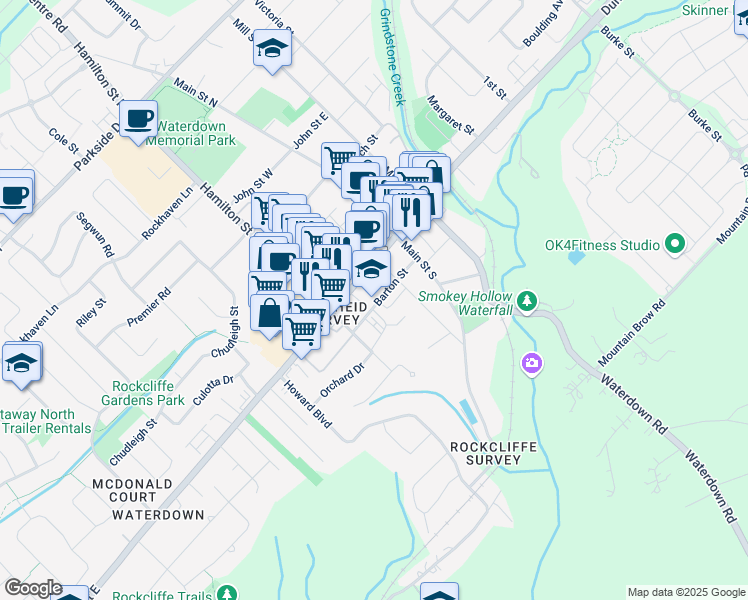 map of restaurants, bars, coffee shops, grocery stores, and more near 56 Barton Street in Hamilton