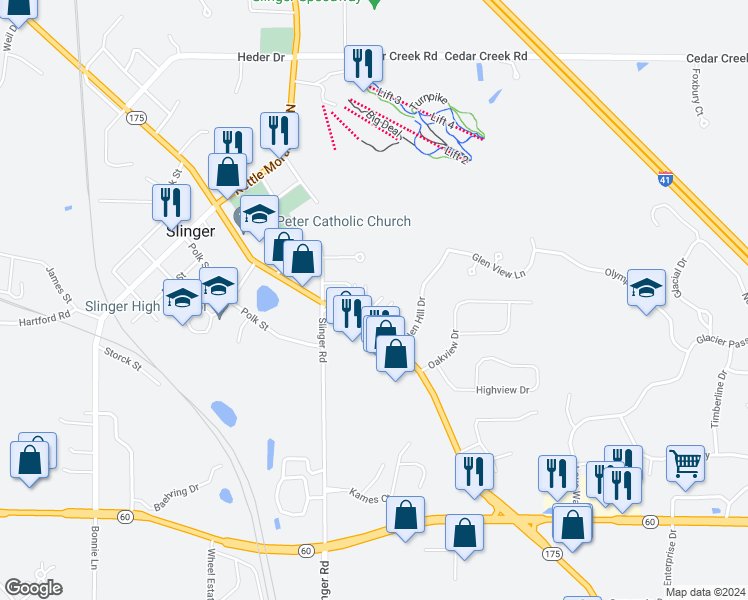 map of restaurants, bars, coffee shops, grocery stores, and more near 324 East Washington Street in Slinger