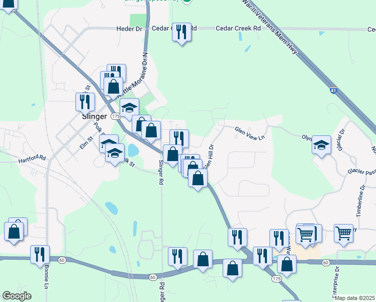 map of restaurants, bars, coffee shops, grocery stores, and more near 324 East Washington Street in Slinger