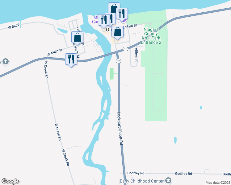 map of restaurants, bars, coffee shops, grocery stores, and more near 1662 Lockport Olcott Road in Burt