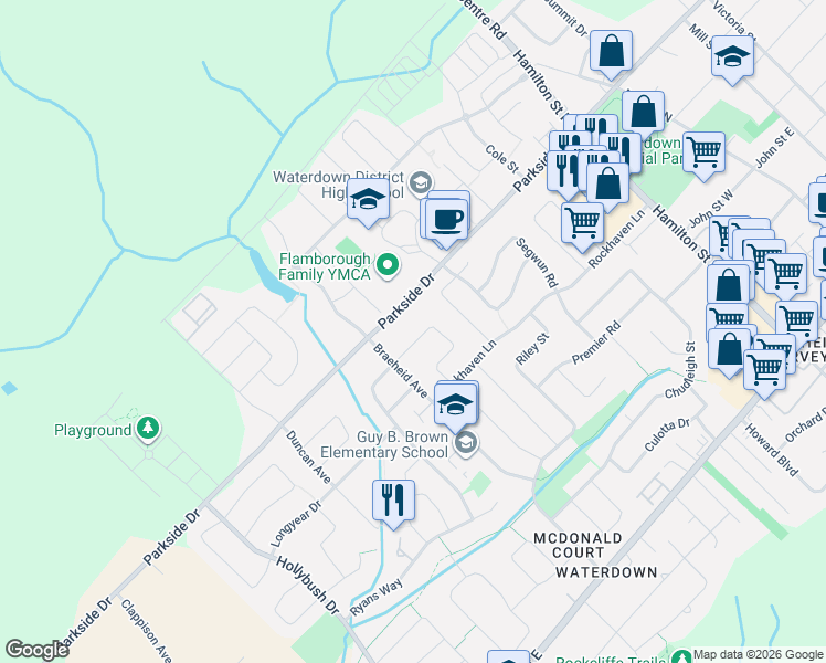 map of restaurants, bars, coffee shops, grocery stores, and more near 21 Brian Boulevard in Hamilton