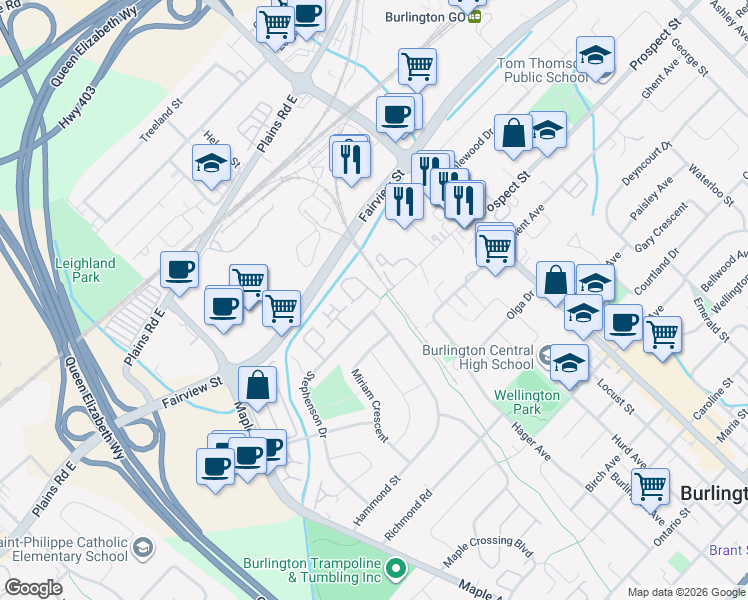 map of restaurants, bars, coffee shops, grocery stores, and more near 1361 Stephenson Drive in Burlington