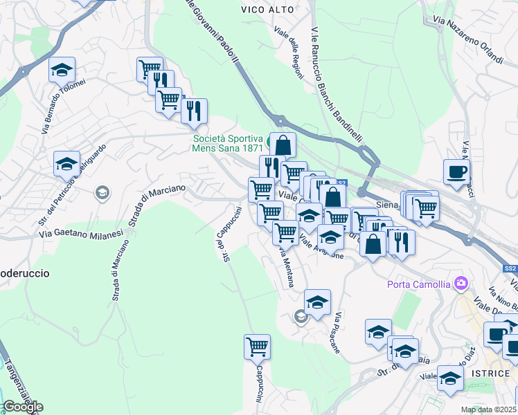 map of restaurants, bars, coffee shops, grocery stores, and more near Viale Goffredo Mameli in Siena