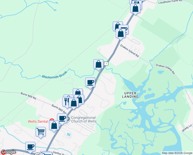 map of restaurants, bars, coffee shops, grocery stores, and more near 1762 Post Road in Wells