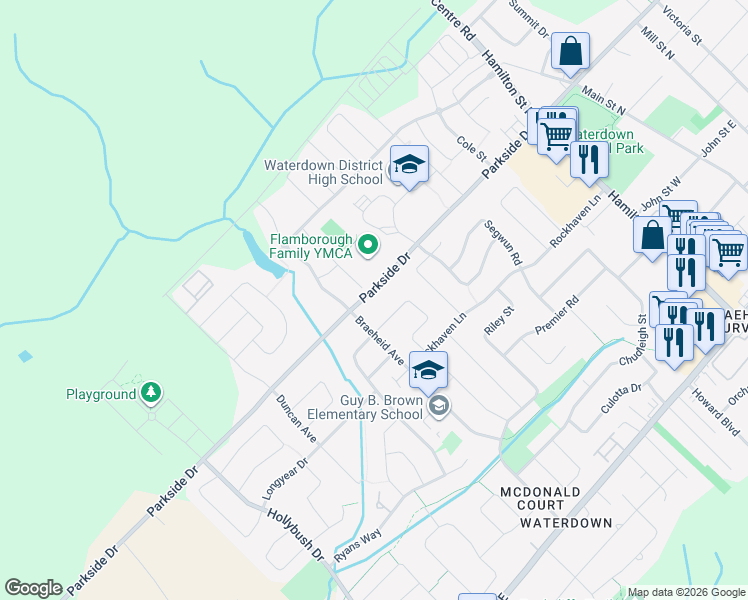 map of restaurants, bars, coffee shops, grocery stores, and more near 188 Parkside Drive in Hamilton