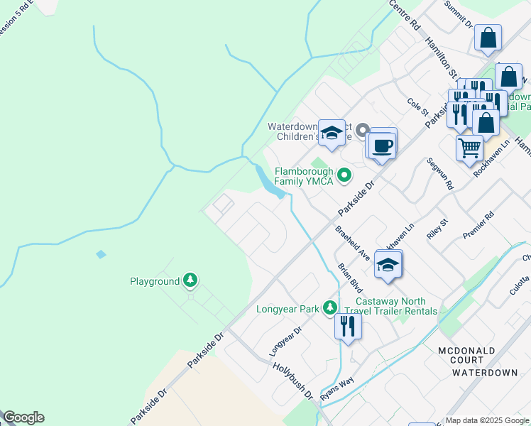 map of restaurants, bars, coffee shops, grocery stores, and more near 96 Springview Drive in Hamilton