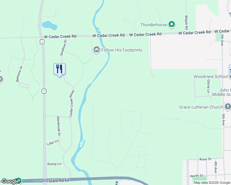 map of restaurants, bars, coffee shops, grocery stores, and more near 5221 West Cedar Creek Road in Grafton