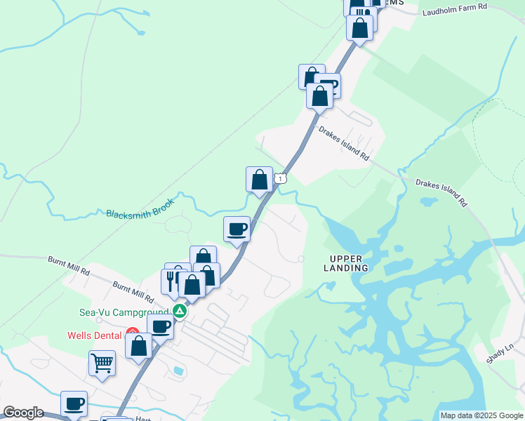 map of restaurants, bars, coffee shops, grocery stores, and more near 1871 Post Road in Wells