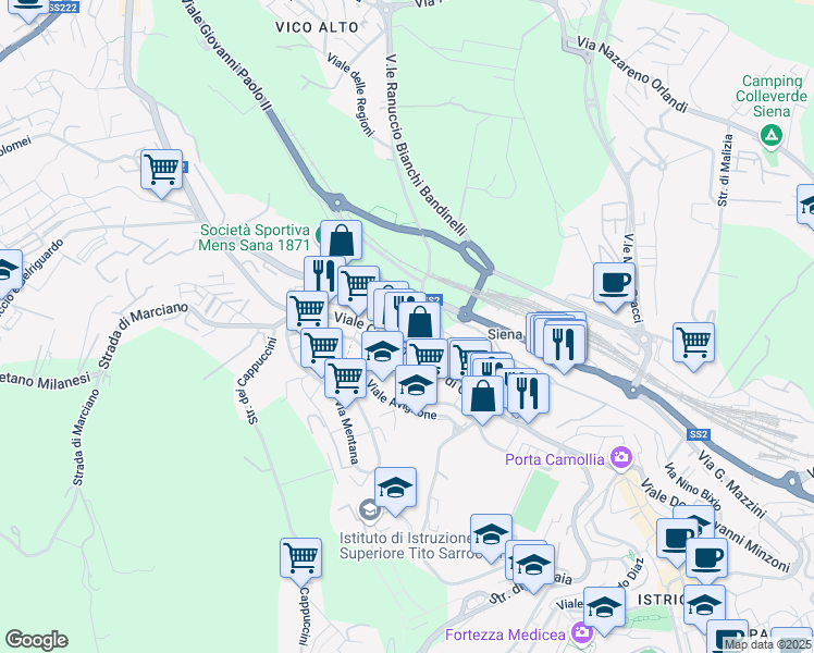 map of restaurants, bars, coffee shops, grocery stores, and more near 134 Viale Camillo Benso Cavour in Siena