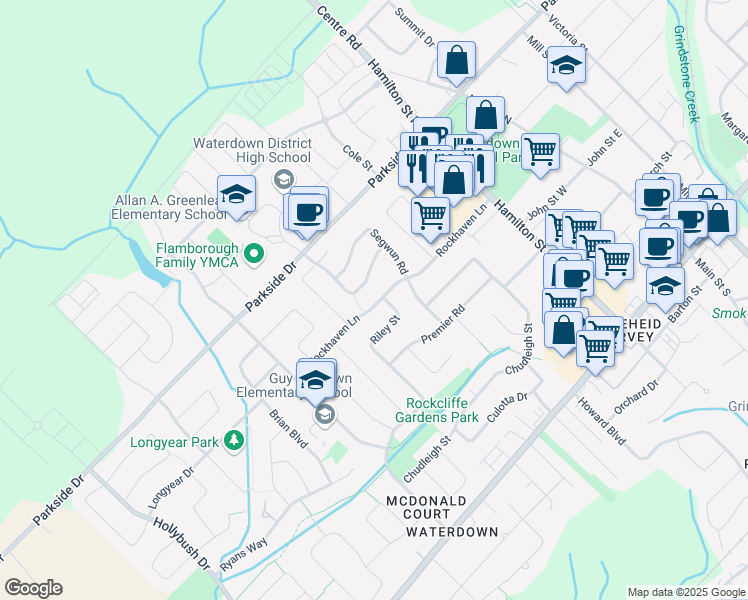 map of restaurants, bars, coffee shops, grocery stores, and more near 45 Rockhaven Lane in Hamilton