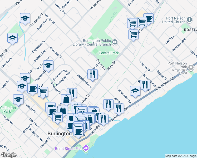 map of restaurants, bars, coffee shops, grocery stores, and more near 2211 New Street in Burlington