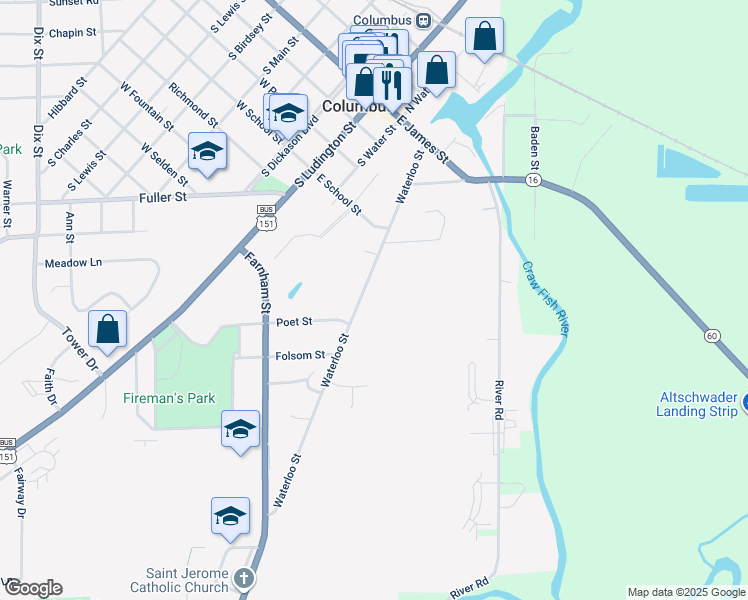 map of restaurants, bars, coffee shops, grocery stores, and more near 549 Waterloo Street in Columbus
