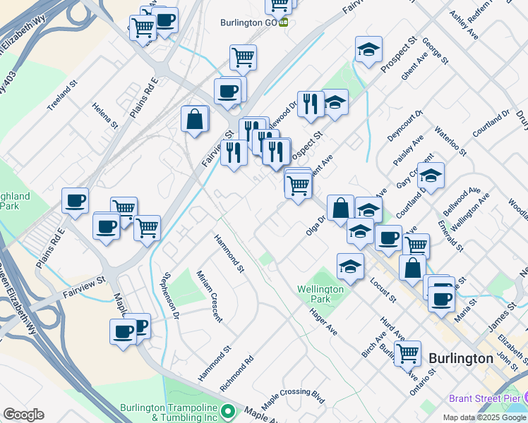 map of restaurants, bars, coffee shops, grocery stores, and more near in Burlington