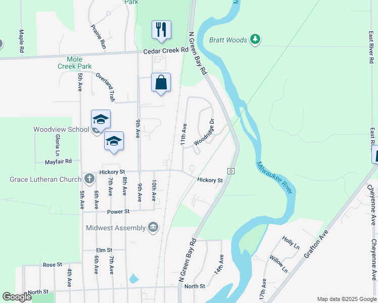 map of restaurants, bars, coffee shops, grocery stores, and more near 1103 Woodridge Drive in Grafton