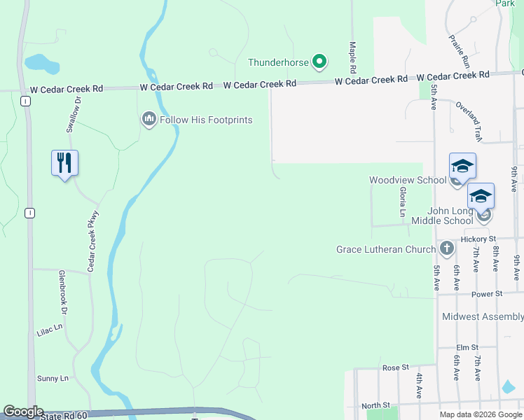 map of restaurants, bars, coffee shops, grocery stores, and more near 4717 West Cedar Creek Road in Grafton