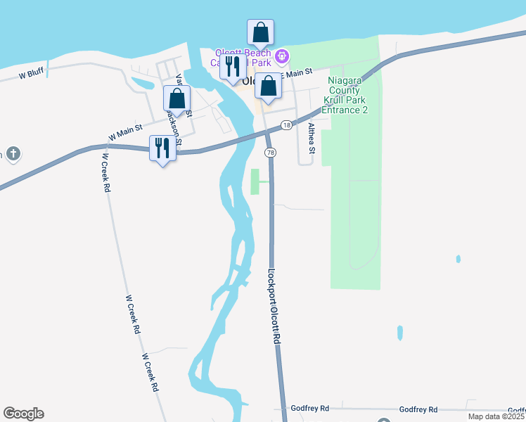 map of restaurants, bars, coffee shops, grocery stores, and more near 1662 Lockport Olcott Road in Burt