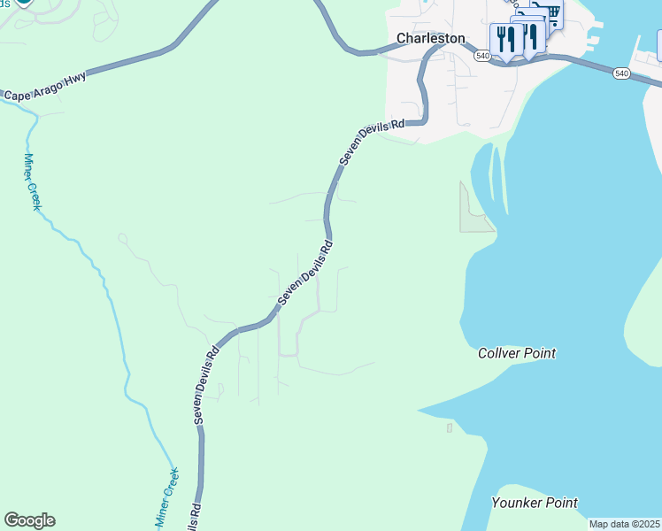 map of restaurants, bars, coffee shops, grocery stores, and more near 63749 Seven Devils Road in Coos Bay