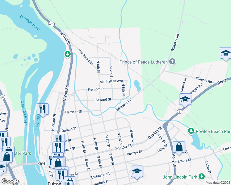 map of restaurants, bars, coffee shops, grocery stores, and more near 265 North 7th Street in Fulton