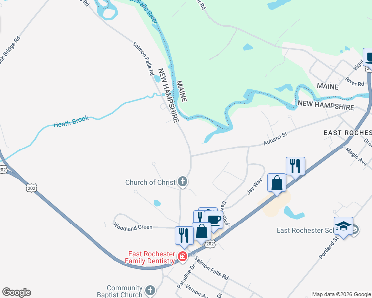 map of restaurants, bars, coffee shops, grocery stores, and more near 297 Salmon Falls Road in Rochester