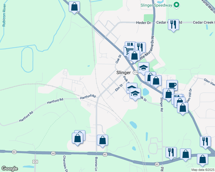map of restaurants, bars, coffee shops, grocery stores, and more near 315 Kettle Moraine Drive South in Slinger