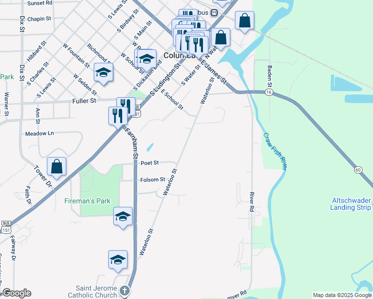 map of restaurants, bars, coffee shops, grocery stores, and more near 549 Waterloo Street in Columbus