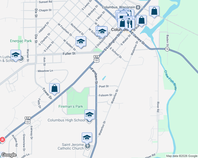 map of restaurants, bars, coffee shops, grocery stores, and more near 725 Farnham Street in Columbus
