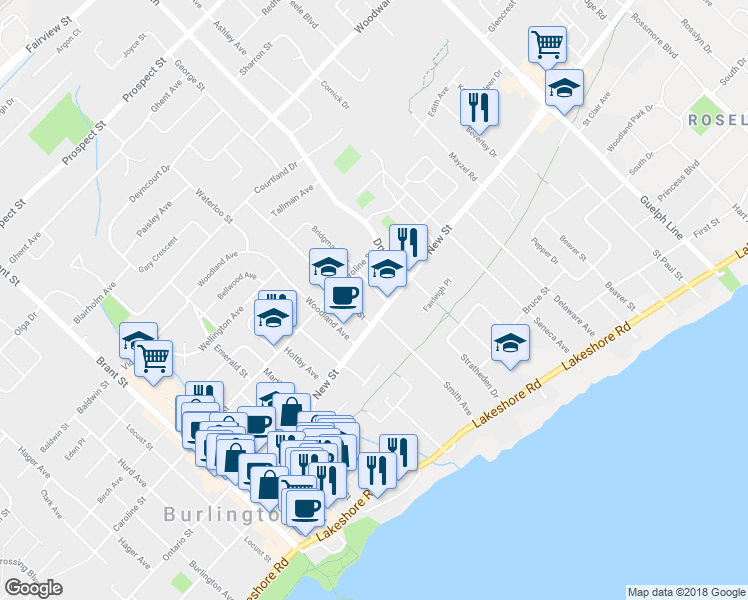 map of restaurants, bars, coffee shops, grocery stores, and more near 2211 New Street in Burlington