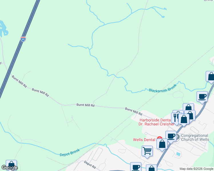 map of restaurants, bars, coffee shops, grocery stores, and more near 261 Burnt Mill Road in Wells