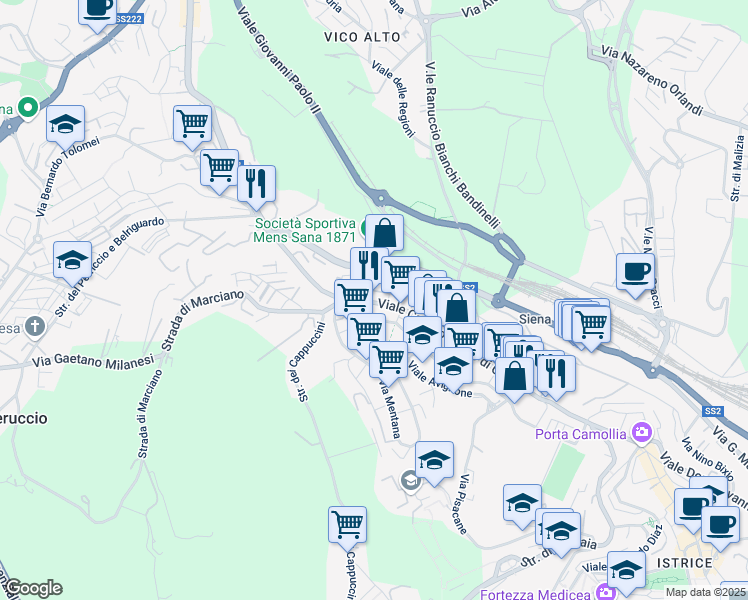 map of restaurants, bars, coffee shops, grocery stores, and more near 234 Viale Camillo Benso Cavour in Siena
