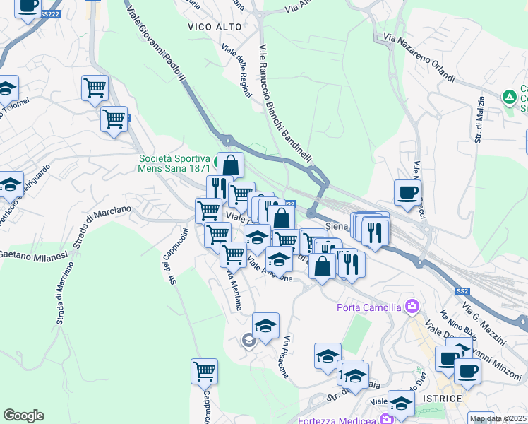 map of restaurants, bars, coffee shops, grocery stores, and more near Via Caduti di Vicobello in Siena