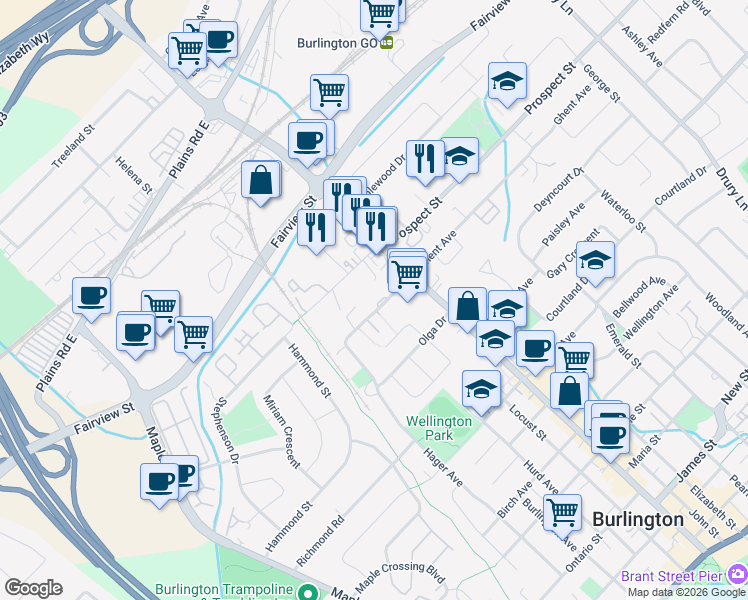 map of restaurants, bars, coffee shops, grocery stores, and more near in Burlington