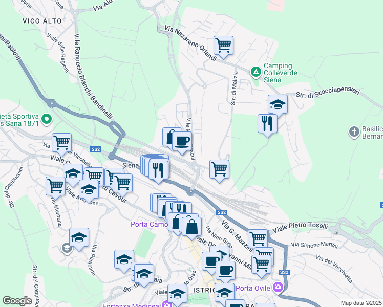map of restaurants, bars, coffee shops, grocery stores, and more near 1 Viale Mario Bracci in Siena