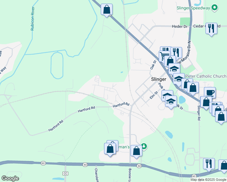 map of restaurants, bars, coffee shops, grocery stores, and more near 221 James Street in Slinger